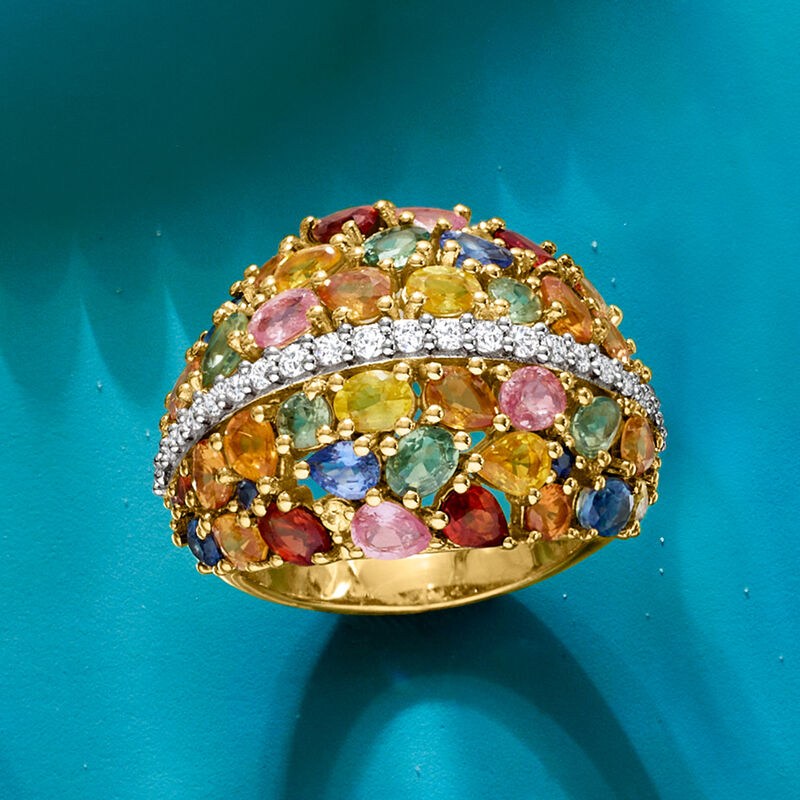 8.30 ct. t.w. Multicolored Sapphire and .60 ct. t.w. White Zircon Ring in 18kt Gold Over Sterling image number 3