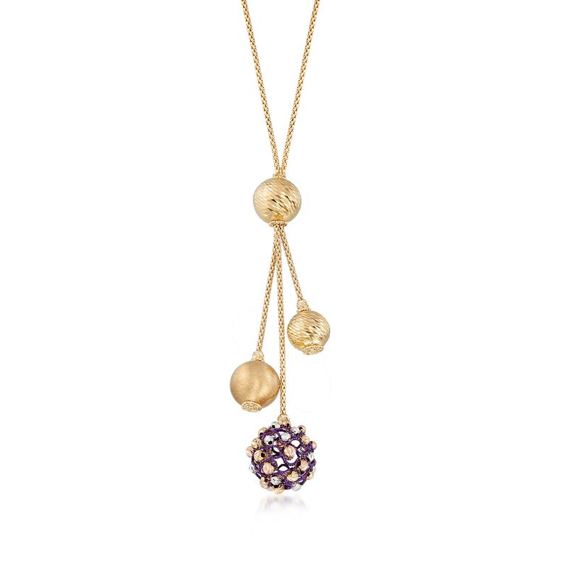 Italian 14kt Yellow Gold Lariat Necklace with Textured and Purple Beads. 18&quot; image number 0