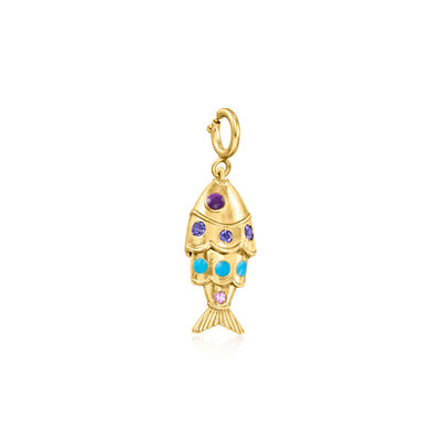 Blue and Purple Enamel Fish Charm with Iolites and Single Amethyst in 18kt Gold Over Sterling