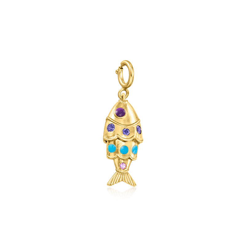 Blue and Purple Enamel Fish Charm with Iolites and Single Amethyst in 18kt Gold Over Sterling image number 1