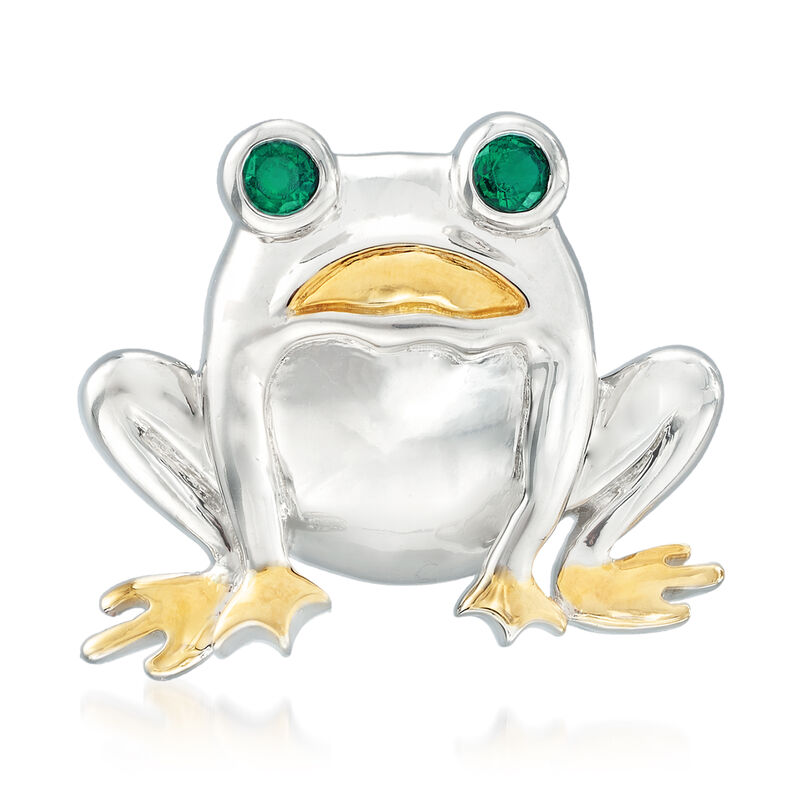 .30 ct. t.w. Simulated Emerald Frog Pin in Sterling Silver and 18kt Gold Over Sterling image number 0