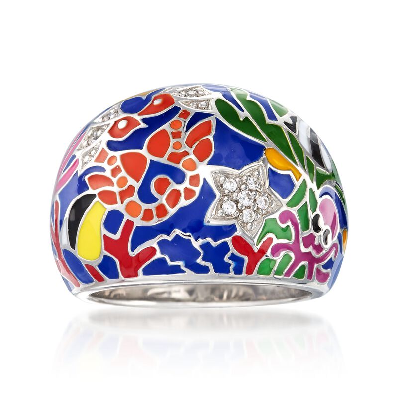 Belle Etoile &quot;Seahorse&quot; Multicolored Enamel Ring with CZ Accents in Sterling Silver. Size 7 image number 0