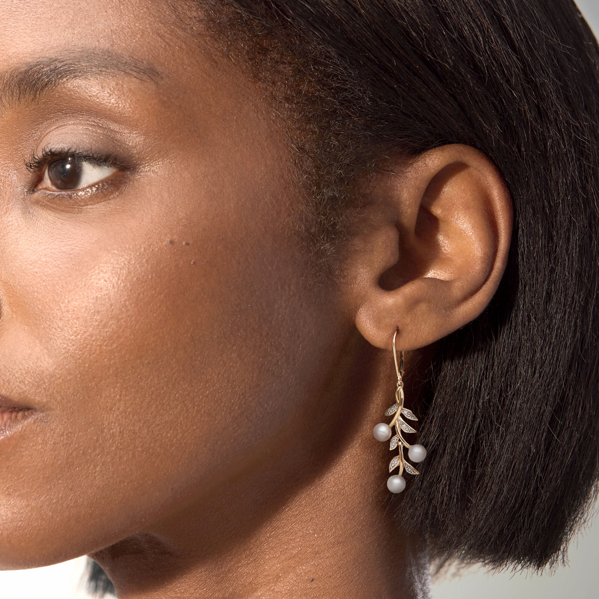 5mm Cultured Pearl and Diamond Leaf Drop Earrings in 14kt Yellow