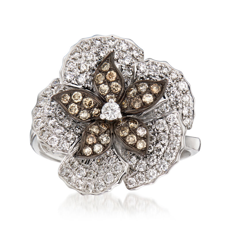 C. 1990 Vintage Piero Milano 1.18 ct. t.w. White and Cognac Diamond Flower Ring in 18kt White Gold image number 0