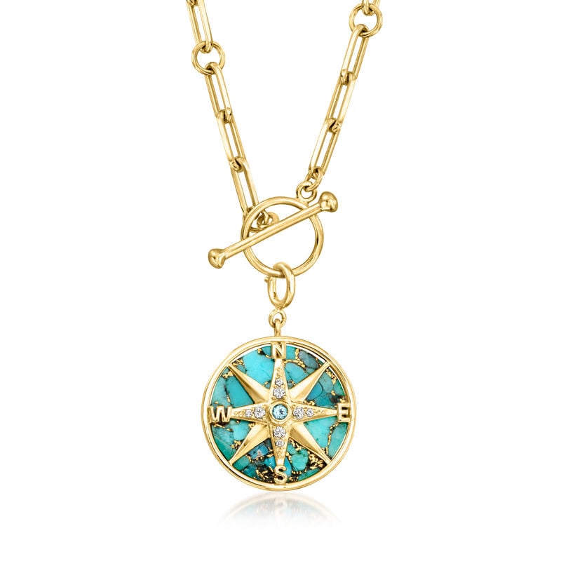 Turquoise and White Topaz Compass Charm with Single Swiss Blue Topaz in 18kt Gold Over Sterling image number 2
