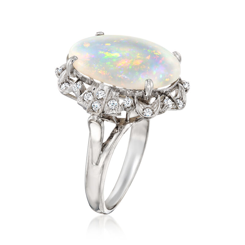 C. 1980 Vintage Opal and .35 ct. t.w. Diamond Scalloped Ring in 14kt White Gold. Size 8 image number 2