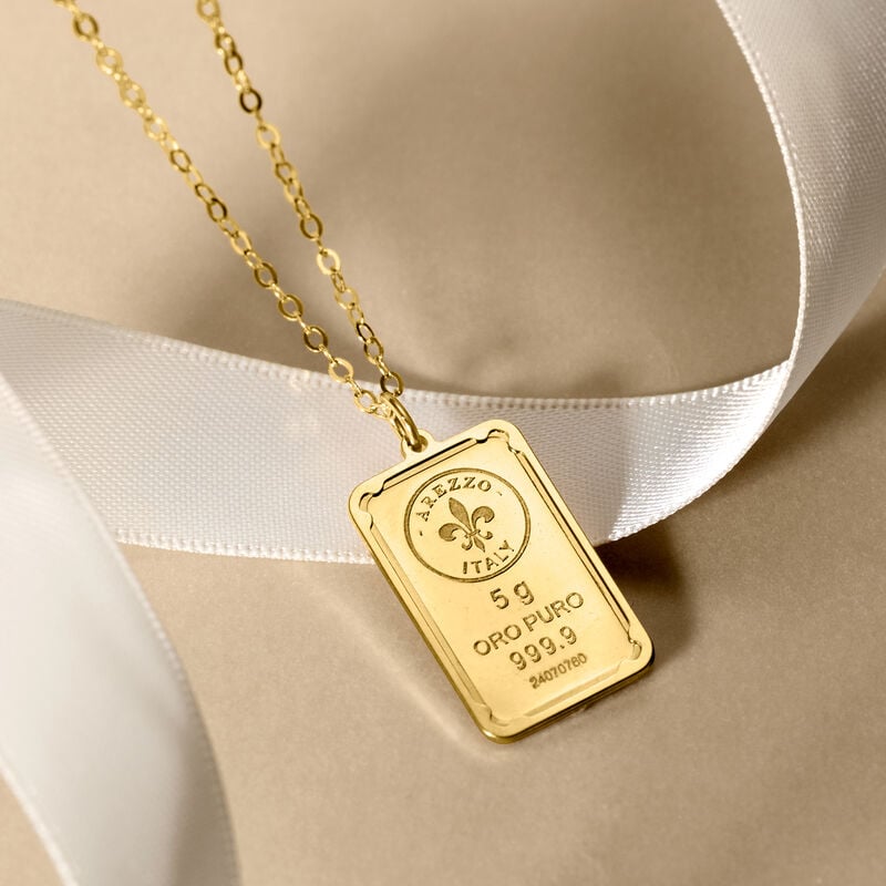 Italian 24kt Yellow Gold Fleur-De-Lis Five-Gram Ingot Pendant Necklace with 14kt Gold Frame. 18&quot; image number 2