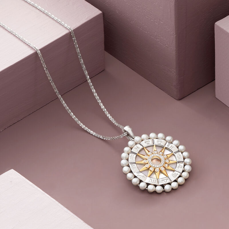 Mother-Of-Pearl and 3.5-4mm Cultured Pearl Zodiac Pendant with .10 ct. t.w. Diamonds in Two-Tone Sterling Silver image number 4