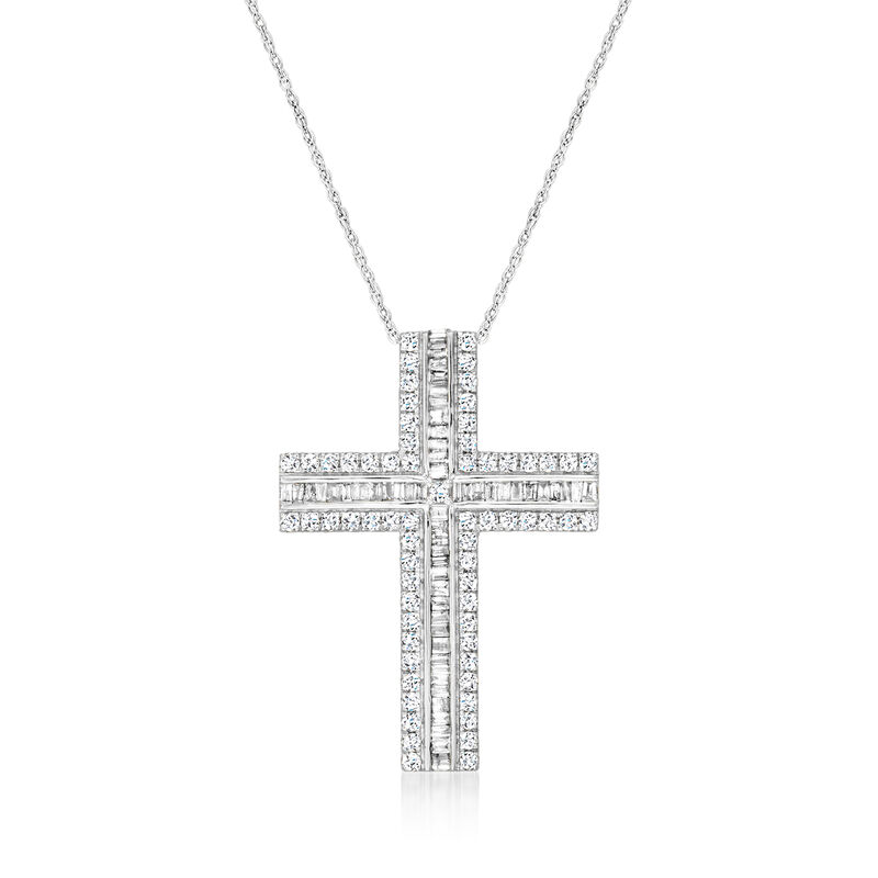 1.00 ct. t.w. Baguette and Round Diamond Cross Pendant Necklace in 14kt White Gold image number 0