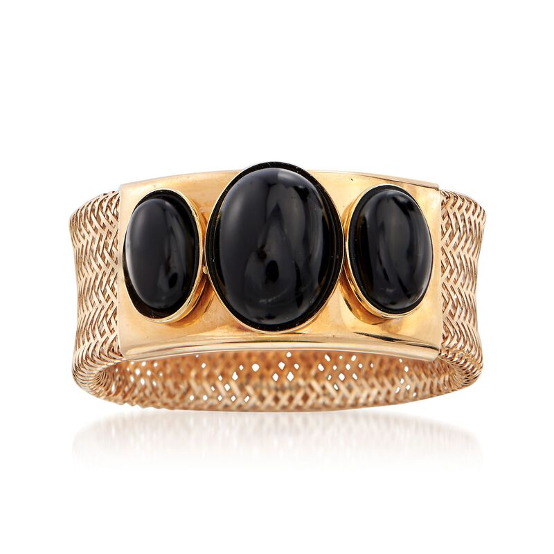Italian Black Onyx Three-Stone Mesh Ring in 14kt Gold image number 0
