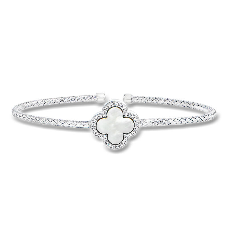 Charles Garnier "Color Me" Mother-of-Pearl Clover and .10 ct. t.w. CZ Cuff Bracelet in Sterling Silver. 7.5" image number 0