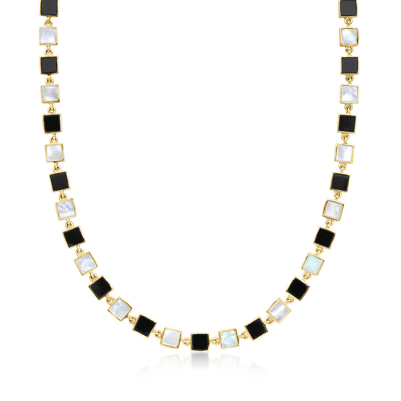 Bezel-Set Onyx and Mother-of-Pearl Station Necklace in 18kt Gold Over Sterling. 18&quot; image number 1