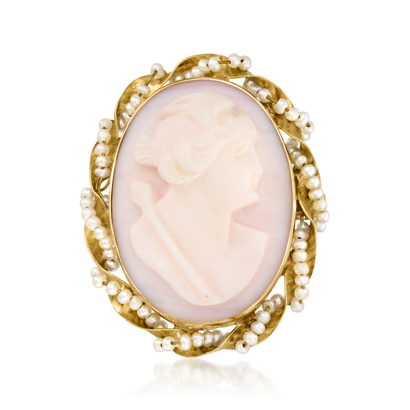 C. 1950 Vintage White Agate Cameo Pin/Pendant with Seed Pearls in 10kt Yellow Gold image number 3