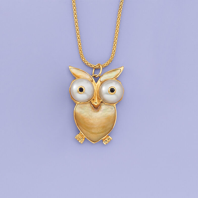 Mother-Of-Pearl and Cultured Pearl Owl Pendant with Sapphire Accents in 14kt Yellow Gold image number 2