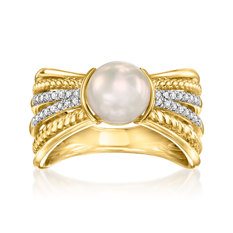 7.5-8mm Cultured Pearl Multi-Row Ring with .11 ct. t.w. Diamonds in 18kt Gold Over Sterling image number 0