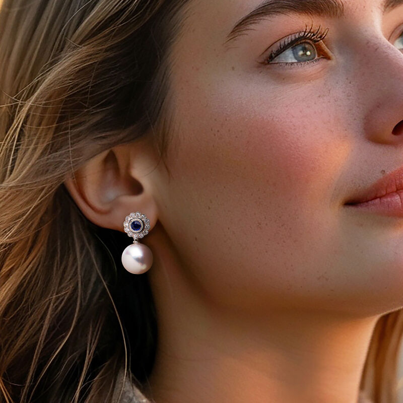 13-13.5mm Cultured South Sea Pearl and .80 ct. t.w. Sapphire Drop Earrings with .53 ct. t.w. Diamonds in 18kt White Gold  image number 1