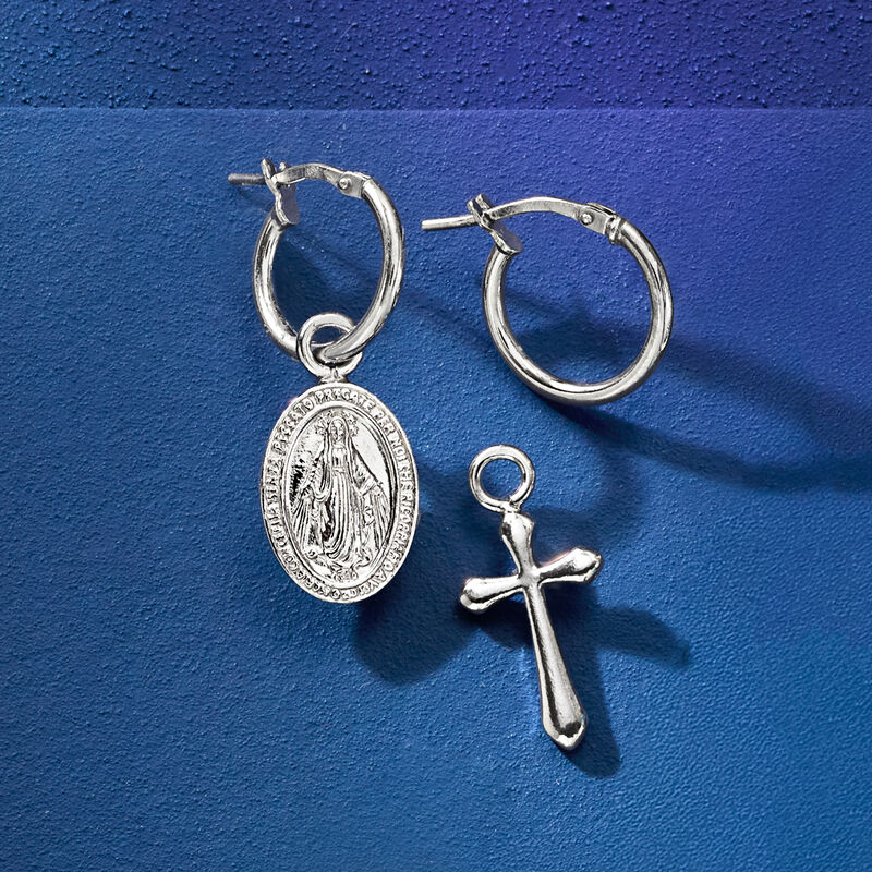 Italian Sterling Silver Jewelry Set: Hoop Earrings and Two Pairs of Interchangeable Religious Drops image number 6