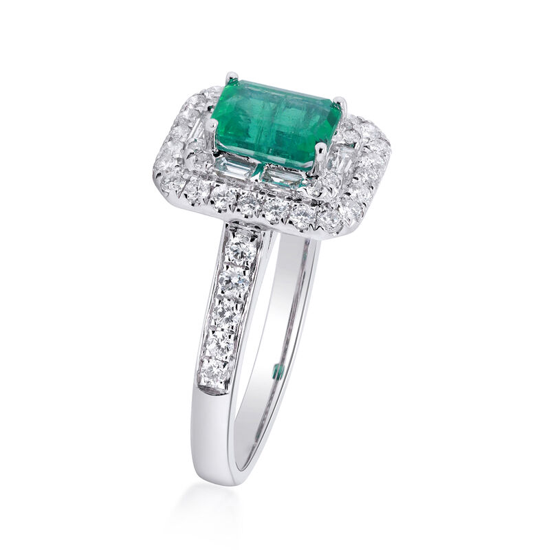 1.00 Carat Emerald and .75 ct. t.w. Diamond Ring in 14kt White Gold. Size 6 image number 1