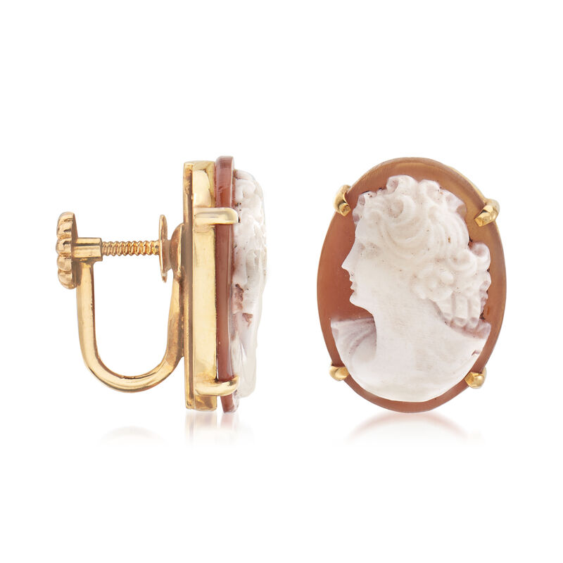 C. 1950 Vintage Pink Shell Cameo Non-Pierced Screwback Earrings in 14kt Yellow Gold image number 2