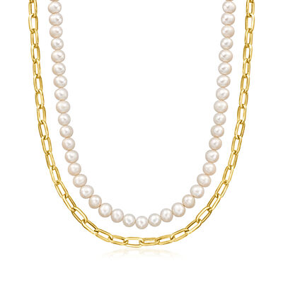 6-6.5mm Cultured Pearl and 18kt Gold Over Sterling Paper Clip Link Layered Necklace