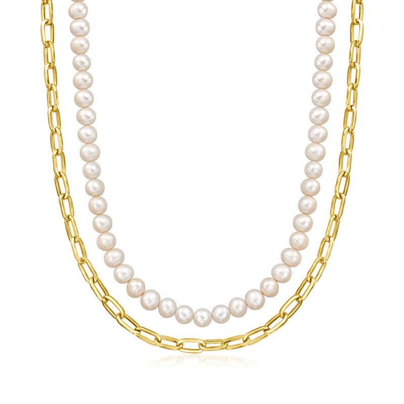 6-6.5mm Cultured Pearl and 18kt Gold Over Sterling Paper Clip Link Layered Necklace. 18" image number 1