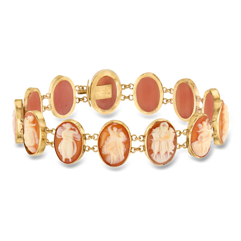 C. 1950 Vintage Brown Shell Cameo Bracelet in 10kt Yellow Gold. 7" image number 0