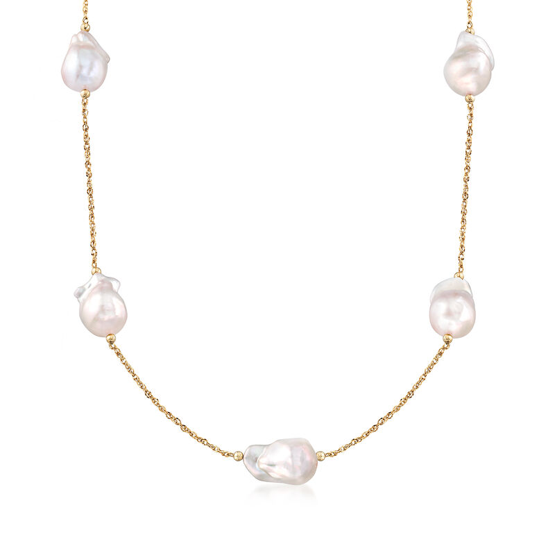 14-15mm Cultured Freshwater Baroque Pearl Station Necklace in 14kt Yellow Gold image number 0