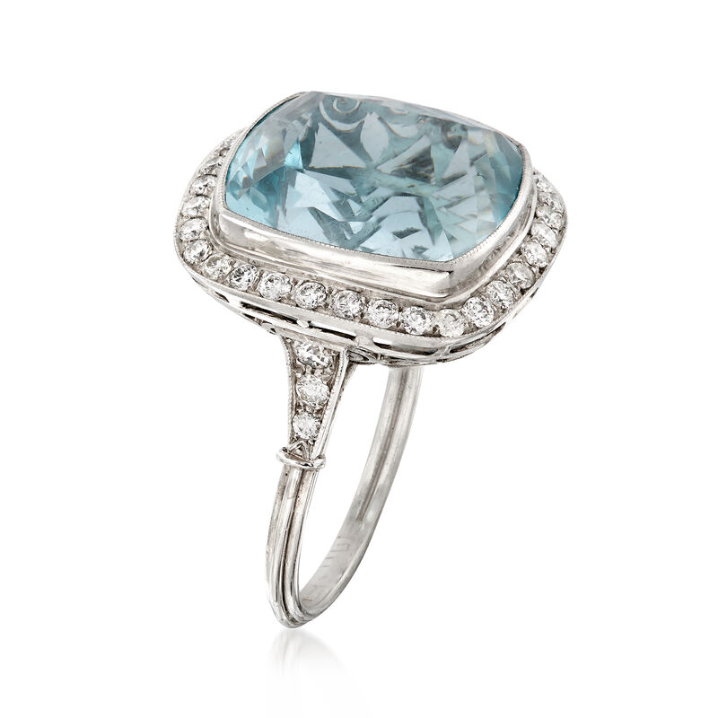 C. 1950 Vintage 14.60 Carat Aquamarine Ring with 1.00 ct. t.w. Diamonds in Platinum image number 2