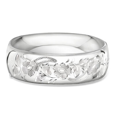 Sterling Silver Floral Wide Bangle Bracelet