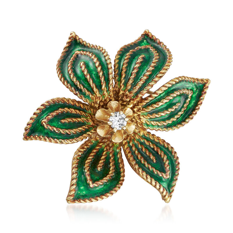 C. 1970 Vintage Hammerman Brothers .15 Carat Diamond Flower Pin with Green Enamel in 18kt Yellow Gold image number 0