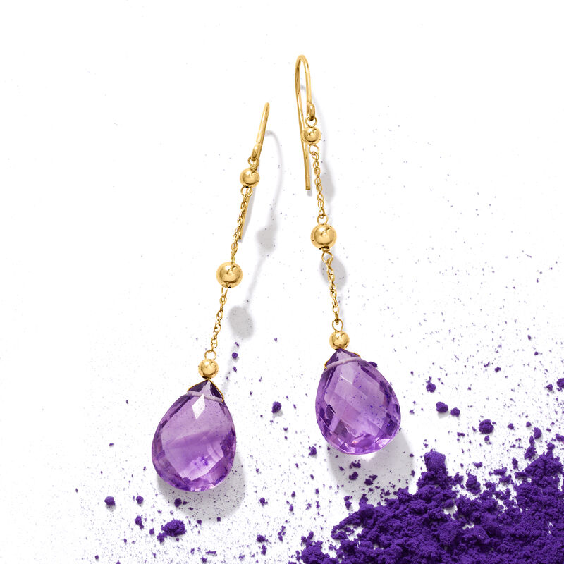 16.00 ct. t.w. Amethyst Drop Earrings with Bead Stations in 14kt Yellow Gold image number 2