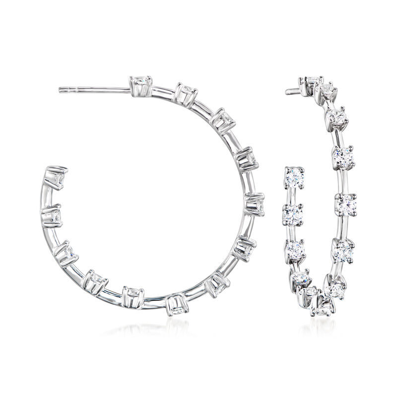 2.60 ct. t.w. CZ Studded Hoop Earrings in Sterling Silver. 1 3/8" image number 0