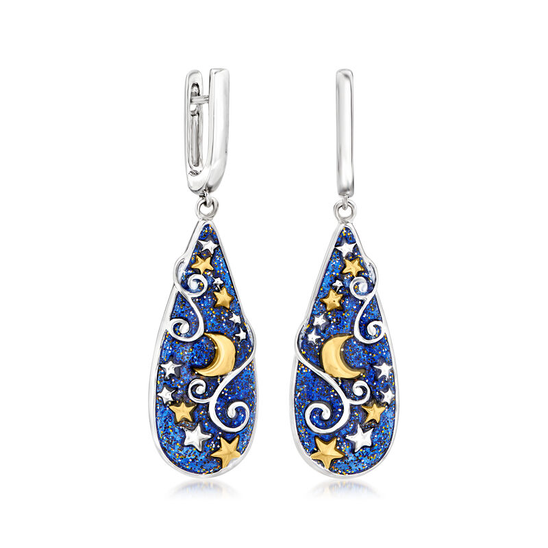 Glittery Blue Enamel Celestial Hoop Drop Earrings in Two-Tone Sterling Silver image number 2