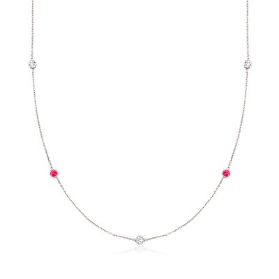 C. 1990 Vintage 1.00 ct. t.w. Ruby and .50 ct. t.w. Diamond Station Necklace in 14kt White Gold