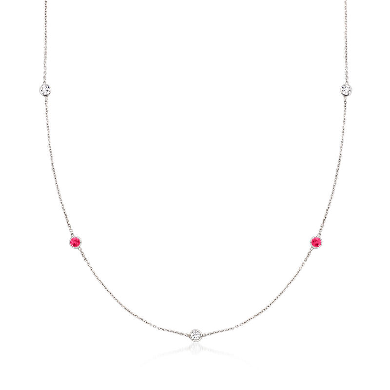 C. 1990 Vintage 1.00 ct. t.w. Ruby and .50 ct. t.w. Diamond Station Necklace in 14kt White Gold. 17" image number 0