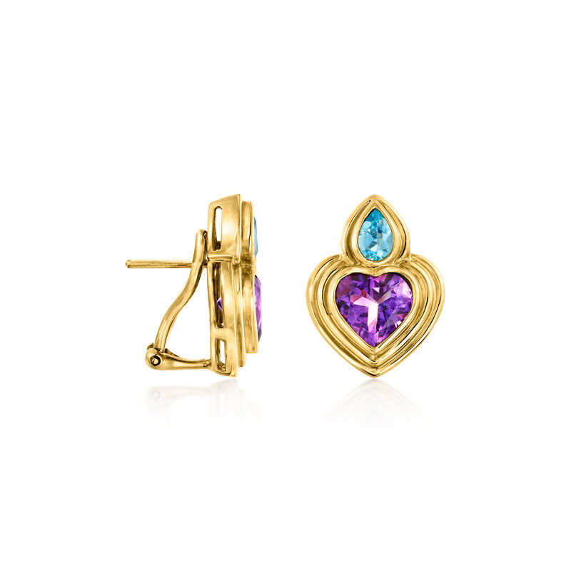 C. 1980 Vintage 4.00 ct. t.w. Amethyst and 1.00 ct. t.w. Sky Blue Topaz Heart Earrings in 18kt Yellow Gold  image number 2