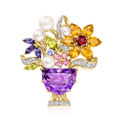 C. 1990 Vintage 4.5-6mm Cultured Pearl and 16.30 ct. t.w. Multi-Gemstone Flower Vase Pin/Pendant with .12 ct. t.w. Diamonds in 14kt Yellow Gold