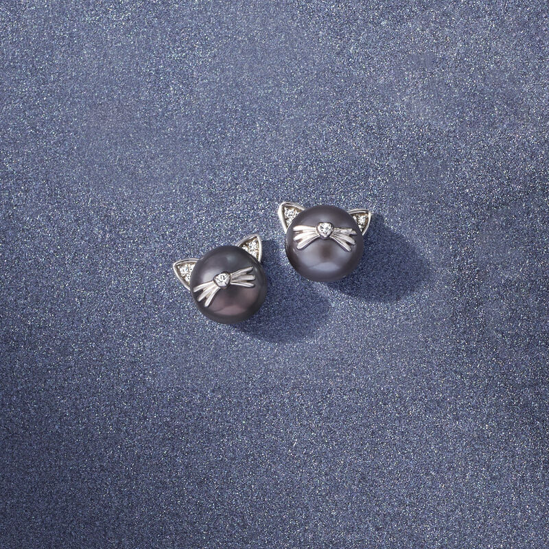 8-8.5mm Black Cultured Pearl Cat Earrings with Diamonds in Sterling Silver image number 2