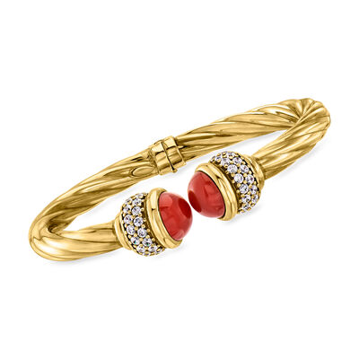 Italian Carnelian and 1.30 ct. t.w. CZ Twisted Cuff Bracelet in 18kt Gold Over Sterling