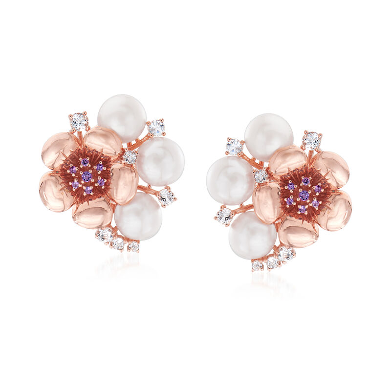 9-9.5mm Cultured Pearl, 1.60 ct. t.w. Sky Blue Topaz and .10 ct. t.w. Amethyst Flower Earrings in 18kt Rose Gold Over Sterling image number 0