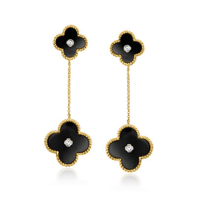 C. 1990 Vintage Onyx Clover Drop Earrings with .10 ct. t.w. Diamonds in 14kt Yellow Gold