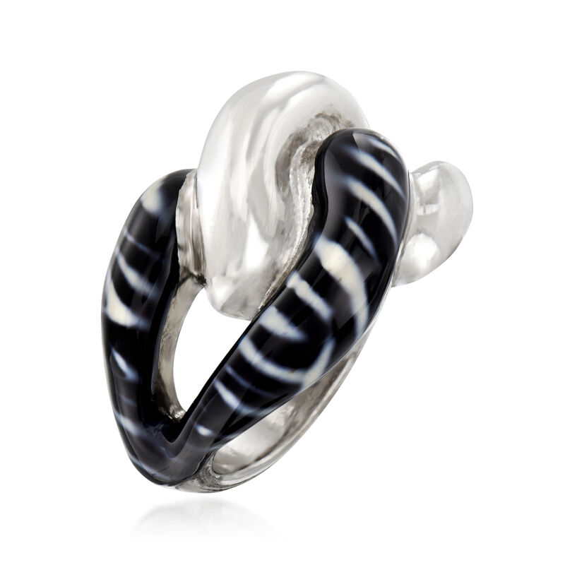 Italian Zebra-Print Enamel Link Ring in Sterling Silver. Size 6 image number 2