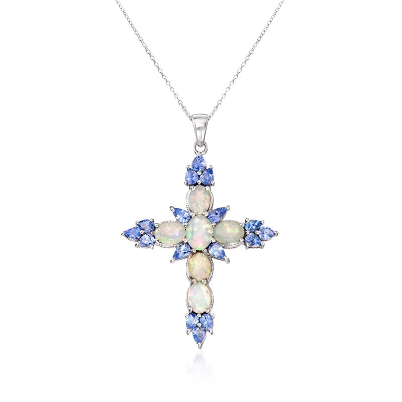 Ethiopian Opal and 1.90 ct. t.w. Tanzanite Cross Pendant Necklace in Sterling Silver image number 0