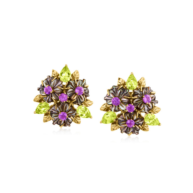 C. 1990 Vintage Black Mother-of-Pearl and 3.40 ct. t.w. Multi-Gem Flowers Earrings in 14kt Yellow Gold image number 0