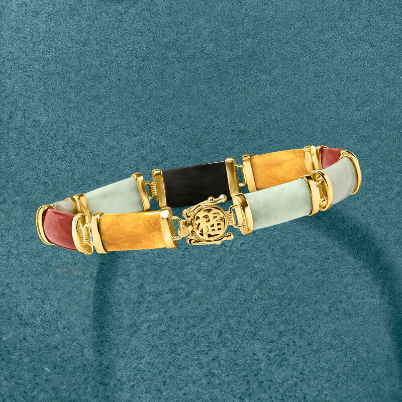 Multicolored Jade "Good Fortune" Bracelet in 18kt Gold Over Sterling image number 4