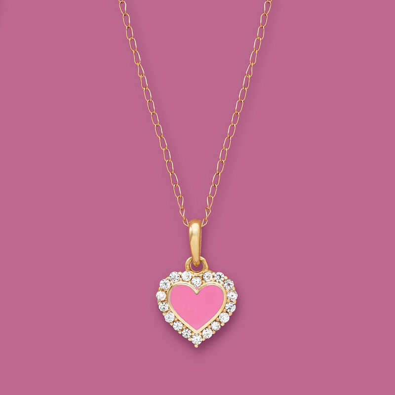 Child's Pink Enamel Heart Pendant Necklace with CZ Accents in 14kt Yellow Gold. 15&quot; image number 1
