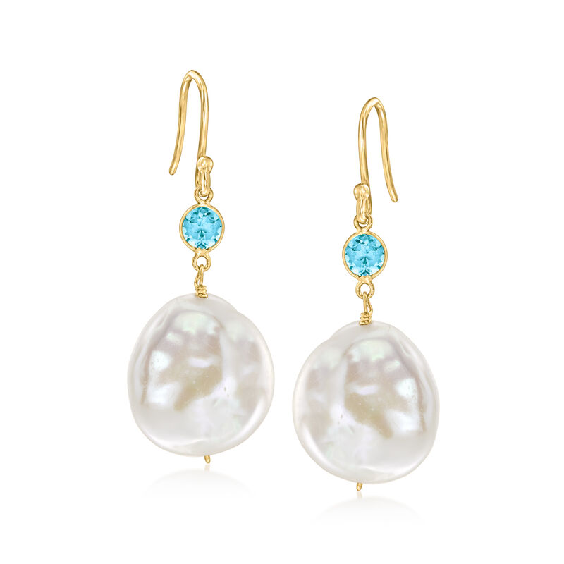 14-17mm Cultured Coin Pearl and .50 ct. t.w. Swiss Blue Topaz Drop Earrings in 18kt Gold Over Sterling  image number 0