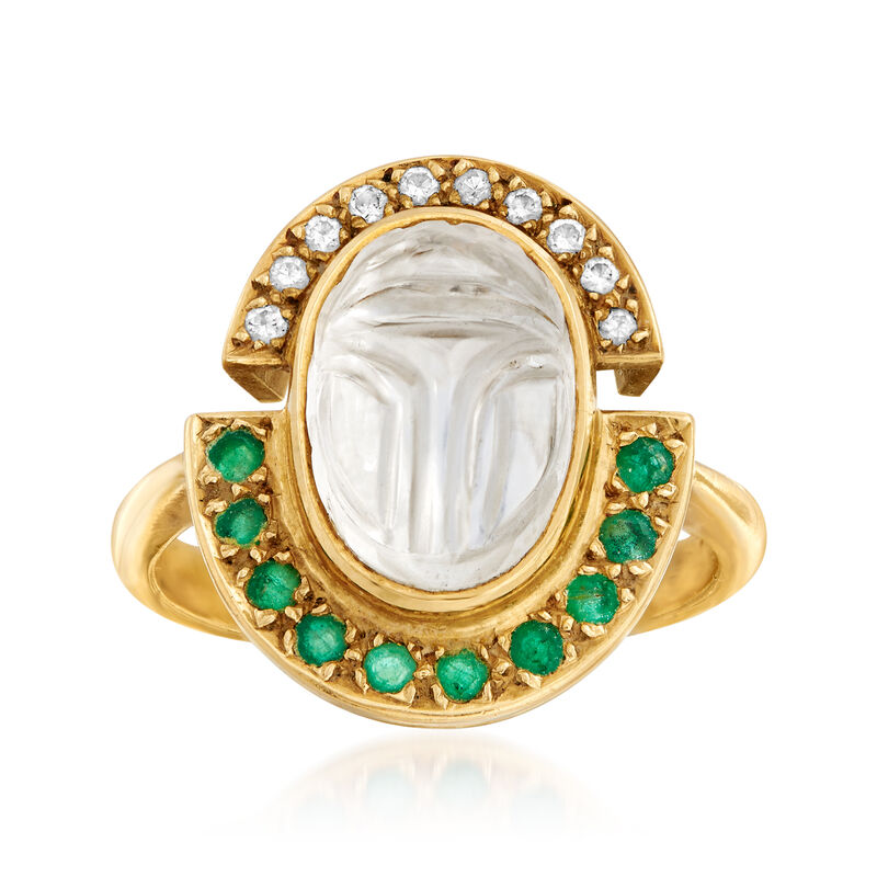 C. 1980 Vintage Rock Crystal, .40 ct. t.w. Emerald and .15 ct. t.w. Diamond Ring in 18kt Yellow Gold image number 0