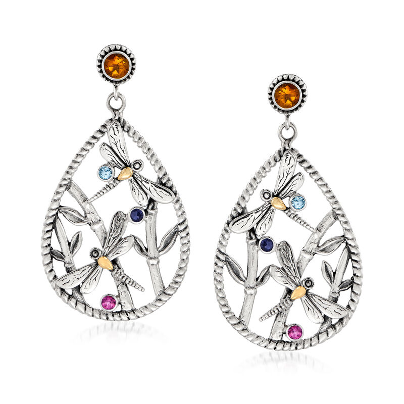 1.90 ct. t.w. Multi-Gemstone Dragonfly Drop Earrings in Sterling Silver with 18kt Gold Over Sterling image number 0
