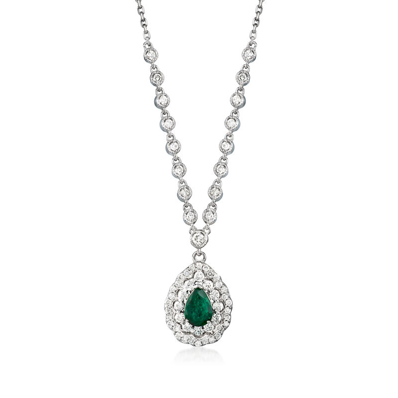 .74 ct. t.w. Diamond and .70 Carat Emerald Teardrop Necklace in 14kt White Gold. 16&quot; image number 1